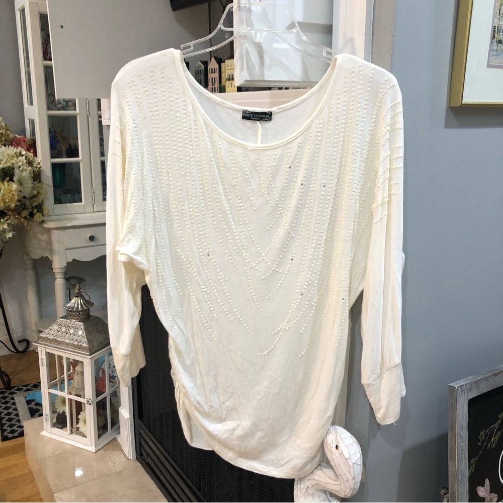 Vintage Y2K Body Central Beaded Shimmer Sleeve Scrunched Tunic Blouse Shirt Top